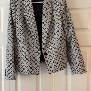 Print length blazer.  Gray, black, yellow, turquoise.